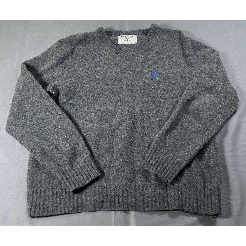 Express Mens Gray 100% Lambswool V-Neck Sweater Blue Lion Logo Large